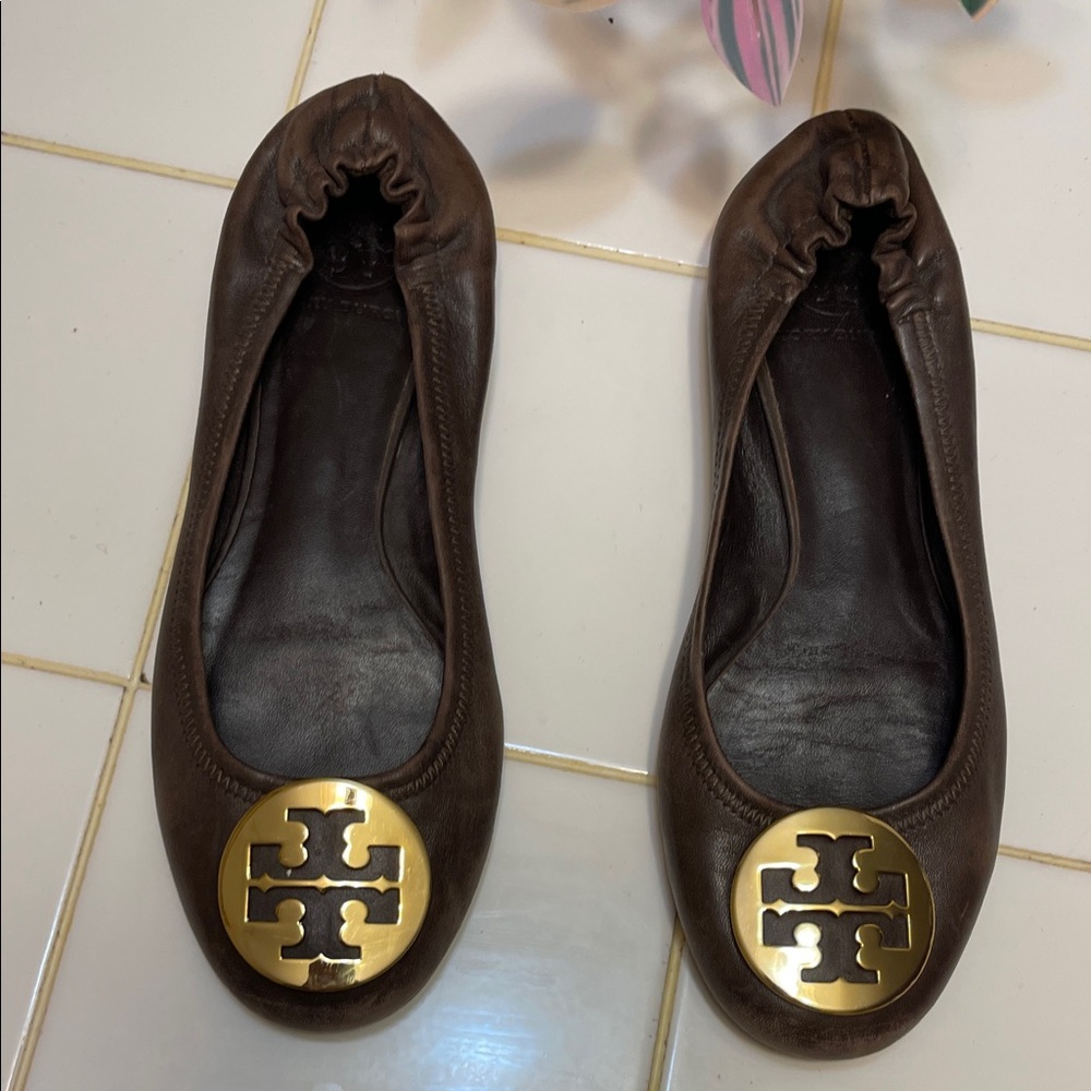 Tory Burch Chocolate Leather Flats with Gold Emblem